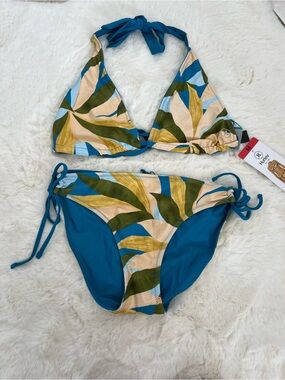 Hurley Olive and Teal Tropical Halter Bikini